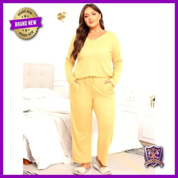 Plus Size 2-Piece Pajama Set Long Sleeve V-Neck Top Wide Leg Pants Pockets